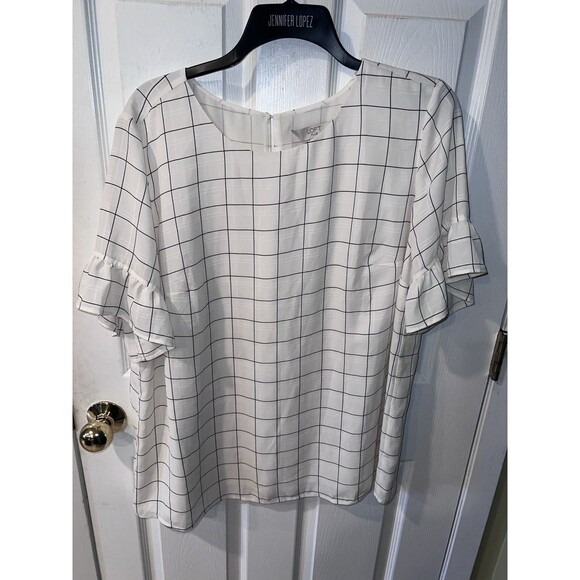 LOFT Ann Taylor Plus Blouse Womens Sz 16 Windowpane Ivory Flare Ruffle Sleeve - Picture 8 of 8